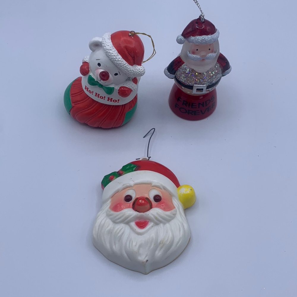 Three Light Up Musical Santa Clause Pin & Ornaments Best Friend Snow Globe